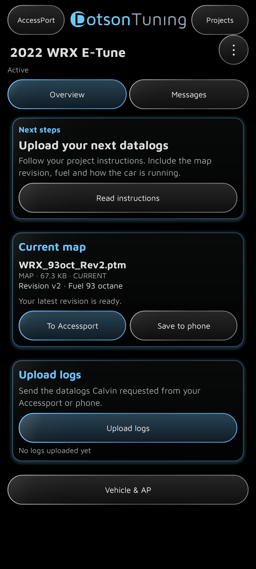 TunerSync Android app showing a sample Dotson Tuning project